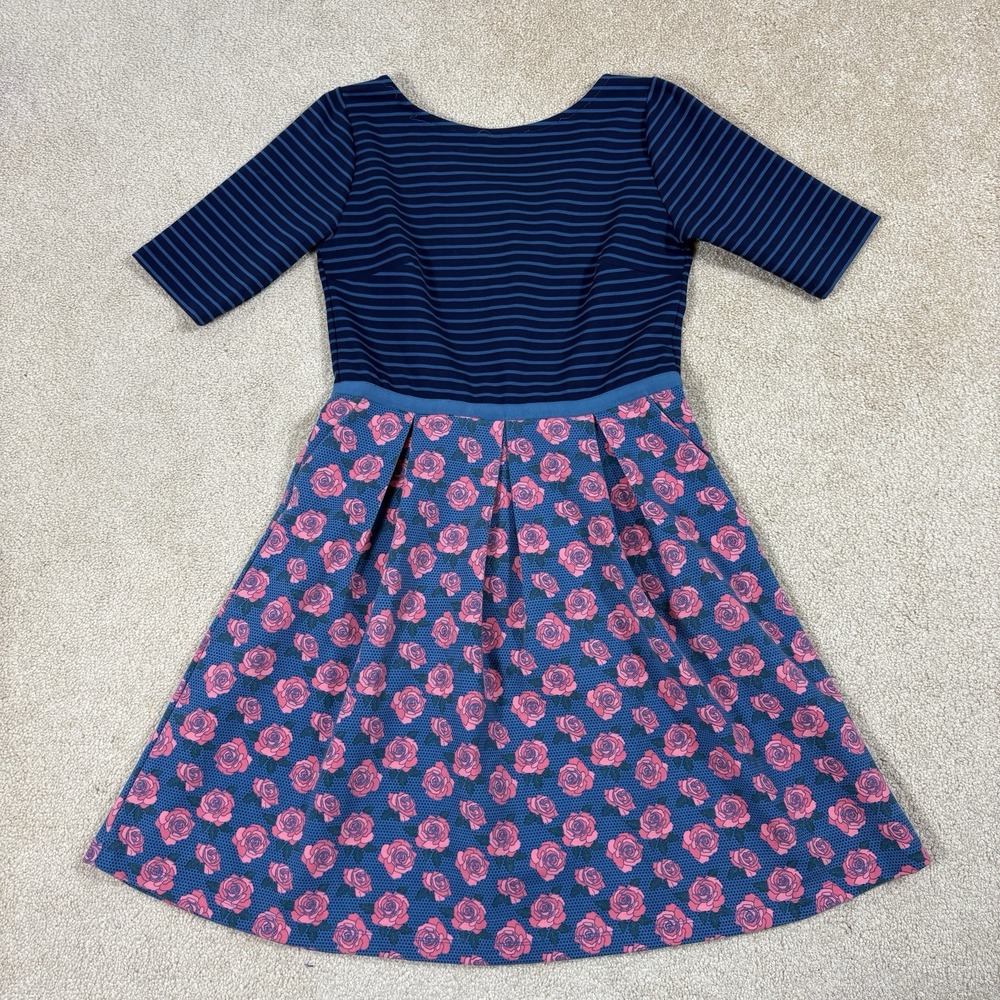 Matilda Jane Women's M Peyton Fit Flare Dress Blue Pink Teal Stripe Floral Rose